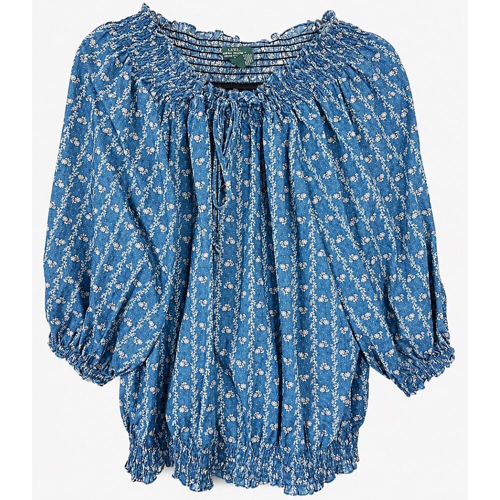 Lauren Jeans Co Ralph Lauren Women Extra Large Blue Floral Cotton Smocked Blouse